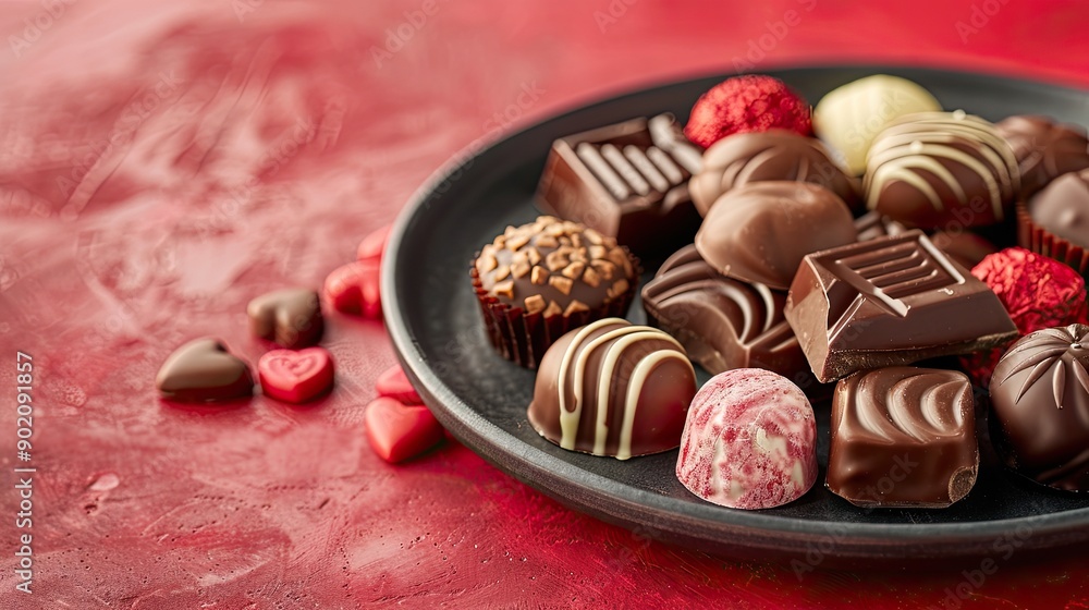Aufkleber a plate of assorted chocolates with a red background. the plate is black and the chocolates are of d