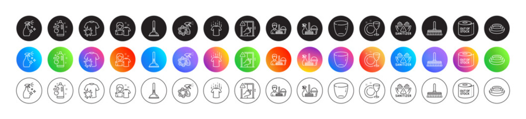 Cleaning mop, Toilet paper and Household service line icons. Round icon gradient buttons. Pack of Dish plate, Dirty t-shirt, Plunger icon. Dishes, Clean hands, Clean shirt pictogram. Vector
