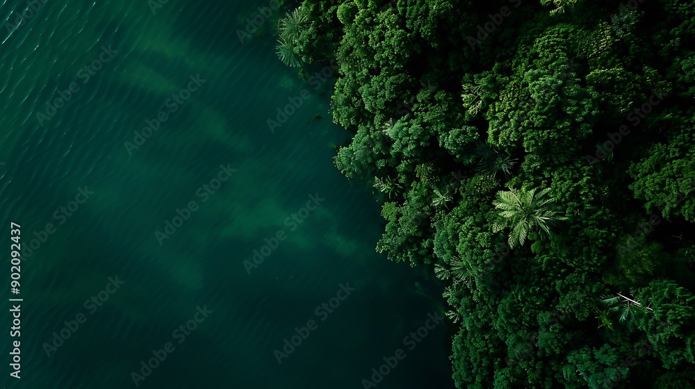 Poster aerial view of the dark green forest and the sea natural ecosystems of forests and oceans concept of