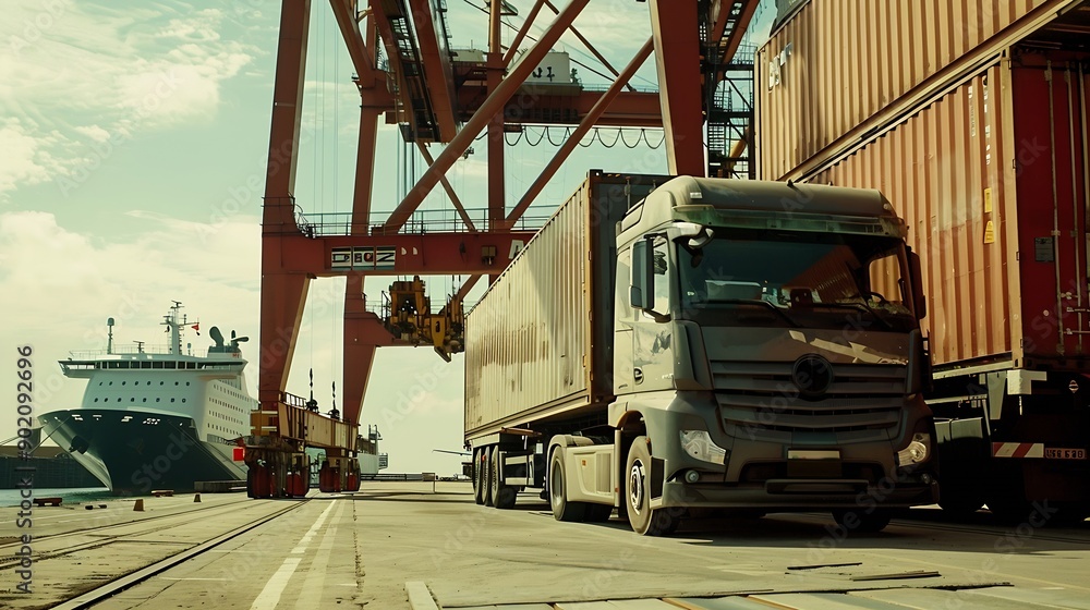 Poster container truck in ship port for business logistics and transportation of container cargo ship and c