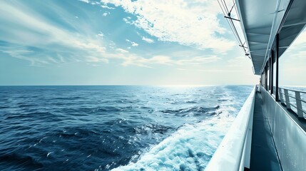 Obraz premium Wheelhouse or Bridge of a ship viewed from the side Quiet calm blue sea surface with bow wave Starboard right side Wide image : Generative AI