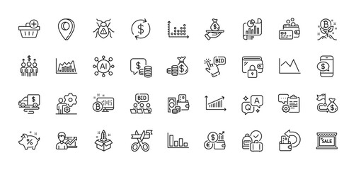Software bug, Wallet and Cash transit line icons pack. AI, Question and Answer, Map pin icons. Report document, Sale, Add purchase web icon. Infographic graph, Card, Startup pictogram. Vector