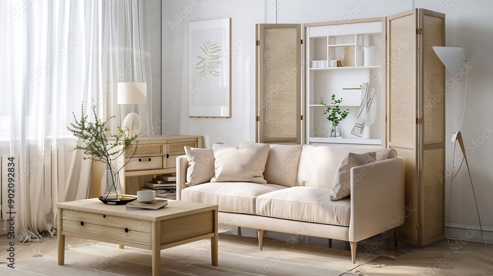 Poster light living room with folding screen comfortable sofa coffee table and chest of drawers : generativ