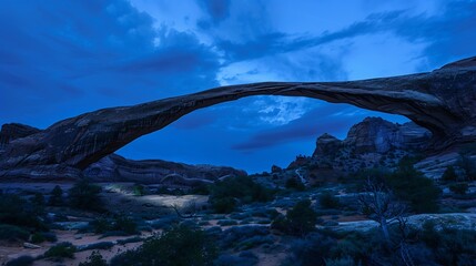 Fototapeta premium The Landscape Arch in Arches National Park near Moab Utah in blue hour : Generative AI