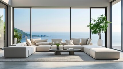 Interior of modern living room with sofas table and big window : Generative AI