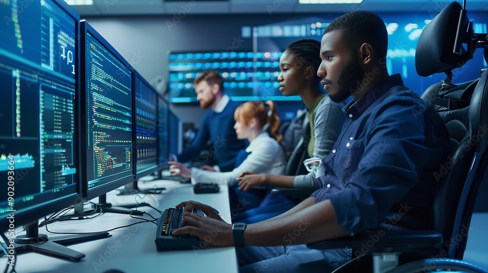 Poster Person with disability next to multiracial coworkers in data center coding on computer Wheelchair user and multiethnic team working together doing programming overseeing server cluster : Generative AI