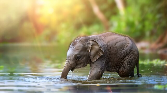 Cute Baby Elephant Playing In The Water : Generative AI