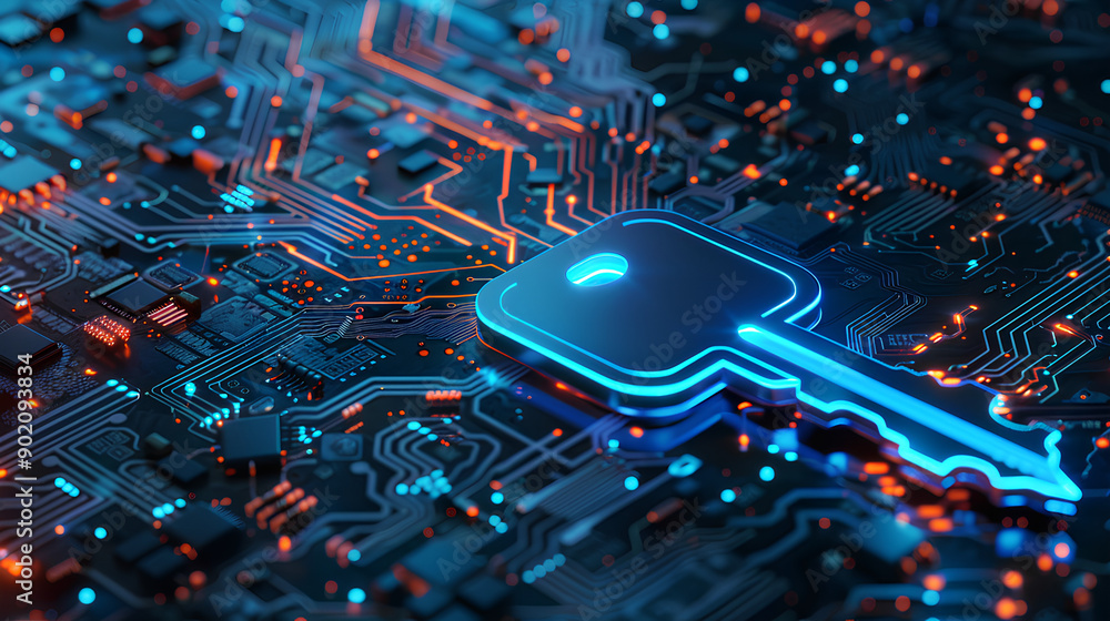 Poster glowing blue digital key on a circuit board background symbolizing secure access technology