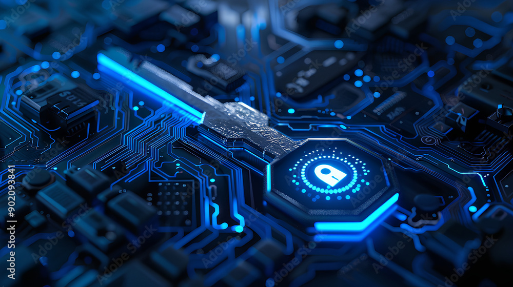 Poster glowing blue digital key on a circuit board background symbolizing secure access technology
