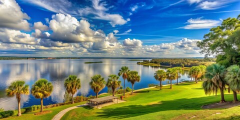 Scenic view of Mount Dora and Mount Dora Lake from Elizabeth Evans Park on a partly cloudy afternoon, mount dora