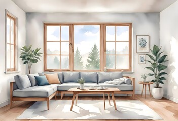 Watercolor modern and minimalist living room interior design illustration