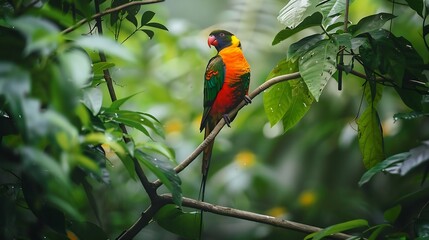 Obraz premium colored beautiful bird sitting on the tree in the jungle colored wild bird colored wild bird sitting on the branch of tree in jungle : Generative AI