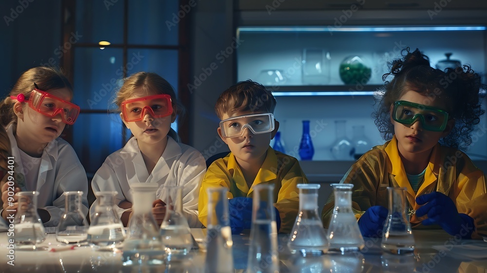 Poster elementary school students sitting behind a table in a group conducting a biology experiment for a s