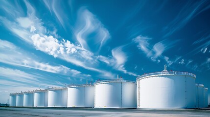 Row many large industrial fuel storage white tanks clear blue sky background on sunny day Oil storage refinery depot liquid facilities Energy hazmat railroad transportation storage and : Generative AI