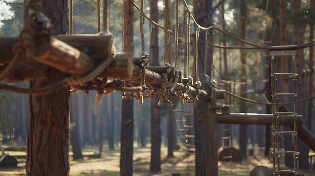 Rope obstacle track high in the trees a rope course in an adventure park in a pine forest climbing track in adventure park : Generative AI