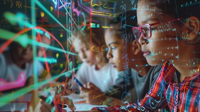 Image of mathematical equations over diverse schoolchildren writing Global education and digital interface concept digitally generated image : Generative AI