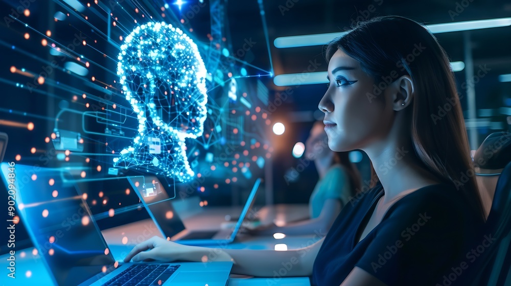 Aufkleber Education technology and AI Artificial Intelligence concept Women use laptops Learn lessons and online webinars successfully in modern digital learning  Courses to develop new skills : Generative AI