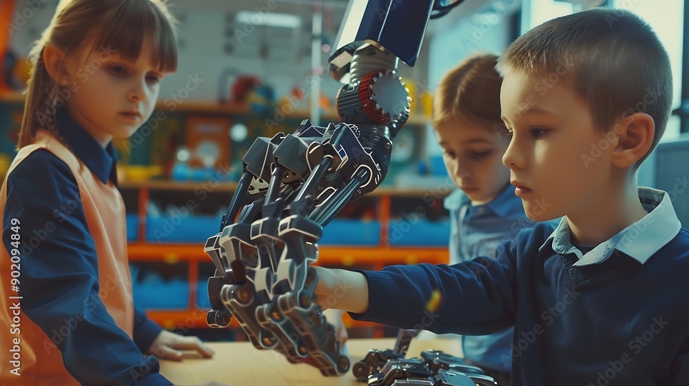 Poster smart boy and two talented girls making a presentation about a giant mechanical hand that moves on h