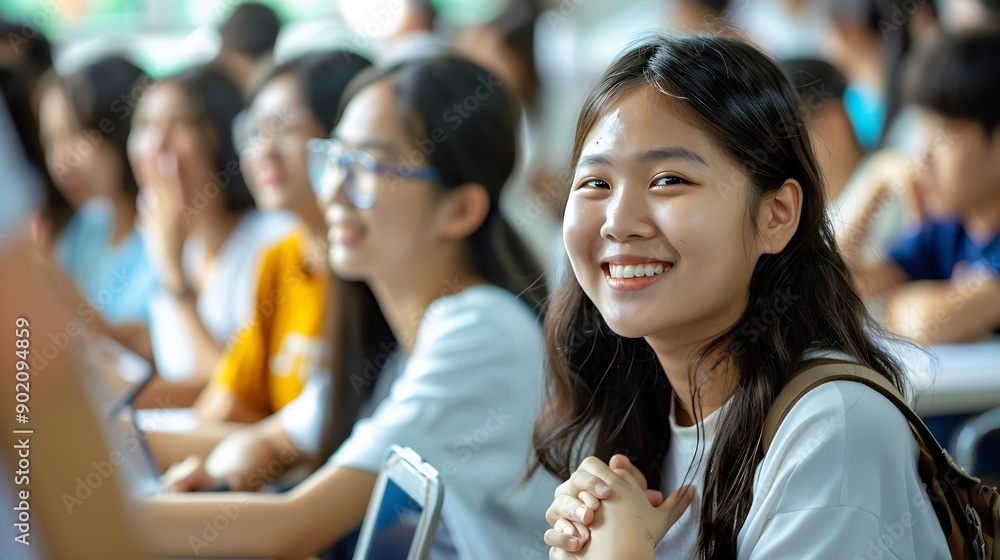 Poster university classroom diverse group of young students asian collaborate study together sharing smiles