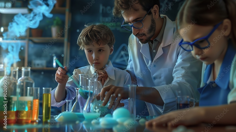 Poster science teacher and students in classroom with slime for experiment education and happy kid chemistr