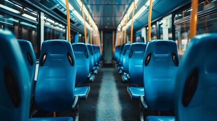 interior of a modern train or bus with rows of blue seats and a central aisle all unoccupied public transportation : Generative AI