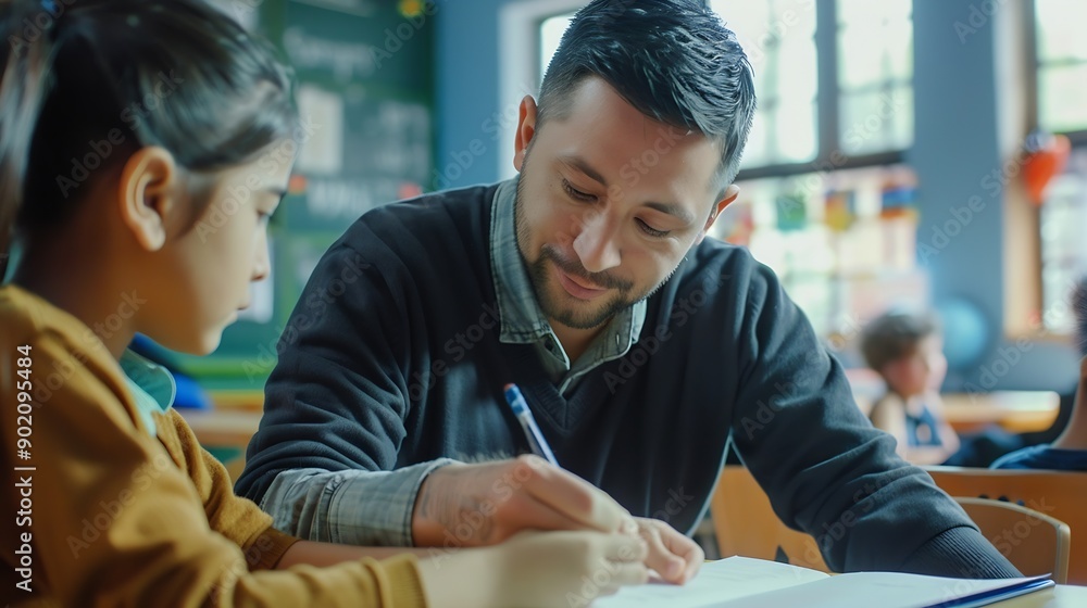Poster teacher helping latin boy with assignment in elementary school classroom support scholarship and edu