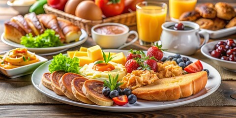 A plate filled with a variety of delicious breakfast foods at a hotel buffet , buffet, breakfast, hotel, restaurant