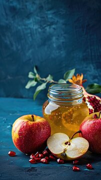 Rosh Hashanah. Jewish New Year. Fresh apples, pomegranates, honey. blue textured background. mockup space for text.