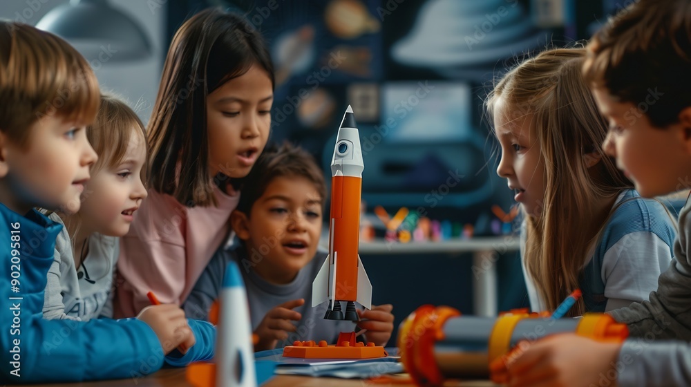 Poster Elementary School Students Sitting Behind a Table in a Group Building a Space Rocket Model for a Science and Technology Fair Young Boys and Girls Wish to Become Engineers and Space Exp : Generative AI
