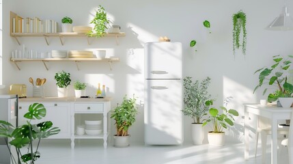 Kitchen with light walls white furniture and shelves with crockery and plants in pots small refrigerator in dining room scandinavian design empty space Modern interior with sunbeams on : Generative AI