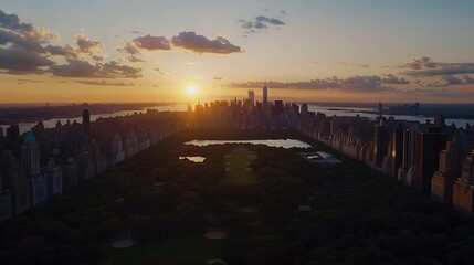 Obraz premium Aerial view of Central Park in Manhattan New York with beautiful sunset over the metropolitan skyline New York United States : Generative AI