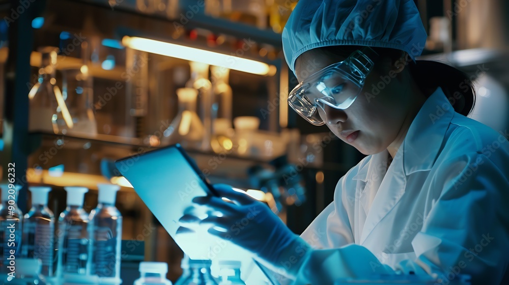 Aufkleber Tablet scientist and happy for analysis in laboratory healthcare and reading of online pharmaceutical research Asian expert technology or connection for innovation or information in bi : Generative AI