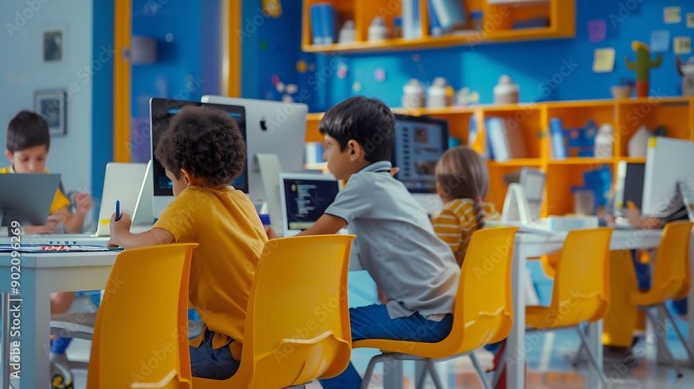Poster elementary school children learning basic computer knowledge teacher educating smart diverse kids in