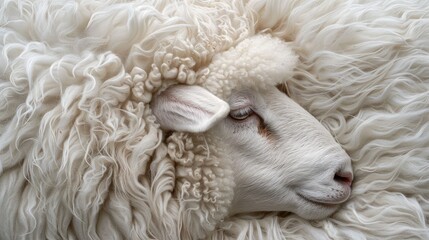 A sheep is laying down with its head resting on its side. The sheep's wool is very thick and fluffy, giving it a cozy and warm appearance. The sheep's eyes are closed, and it seems to be in a peaceful
