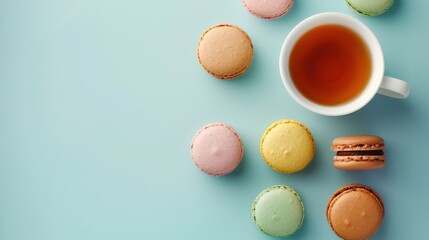 Obraz premium Elegant Macaron Selection and Tea Flat Lay