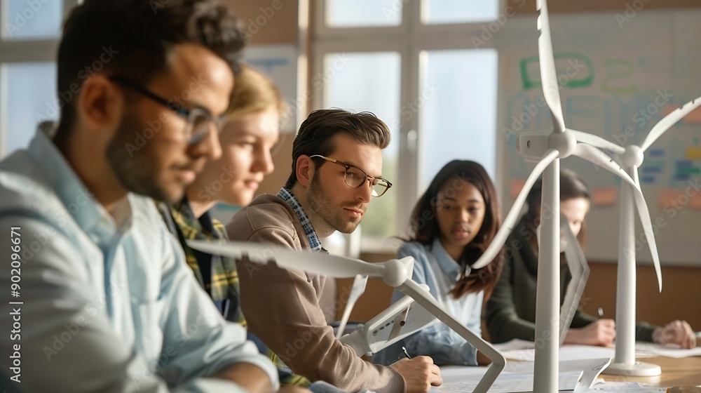 Poster Secondary Or High School Students Studying Wind Turbines In Science Class With Teacher In Background : Generative AI