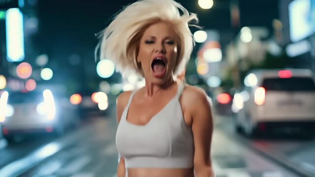 Woman jumping up and down on a street