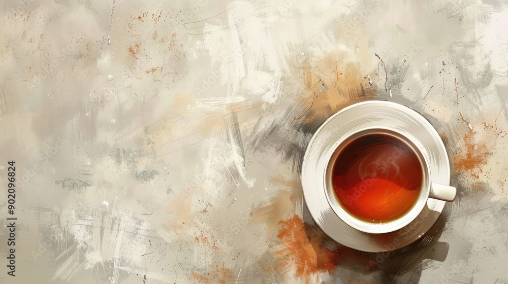 Aufkleber a cup of coffee sits on a table with a background of text. the text is blurry and he is a mix of dif