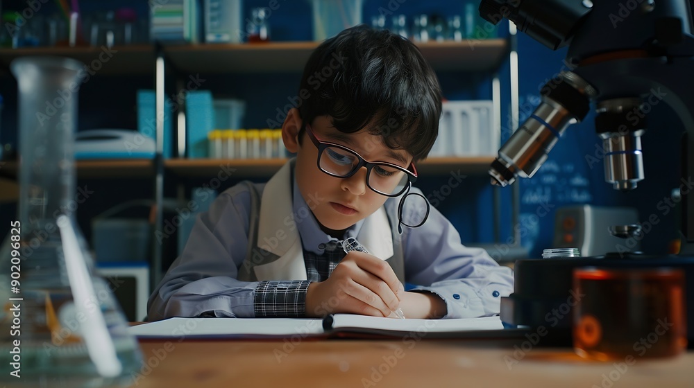Poster portrait science and writing with boy student in laboratory for education experiment or research gla