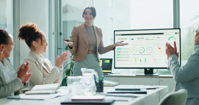 Business woman, screen and applause with team for meeting, presentation or statistics at office. Female person or clapping with corporate graph, chart or data for company profit, growth or revenue