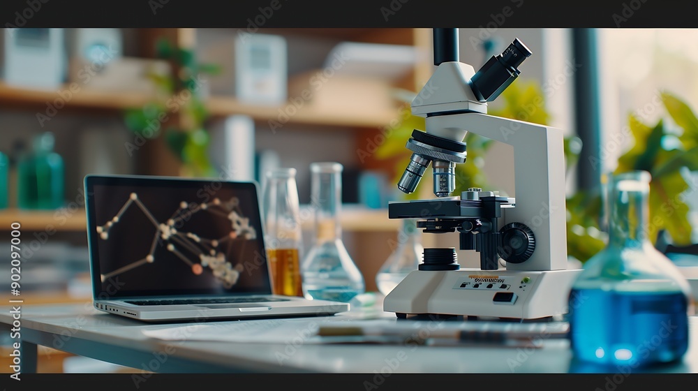 Poster science microscope and laptop in lab with research for sample analysis medical experiment or dna tes
