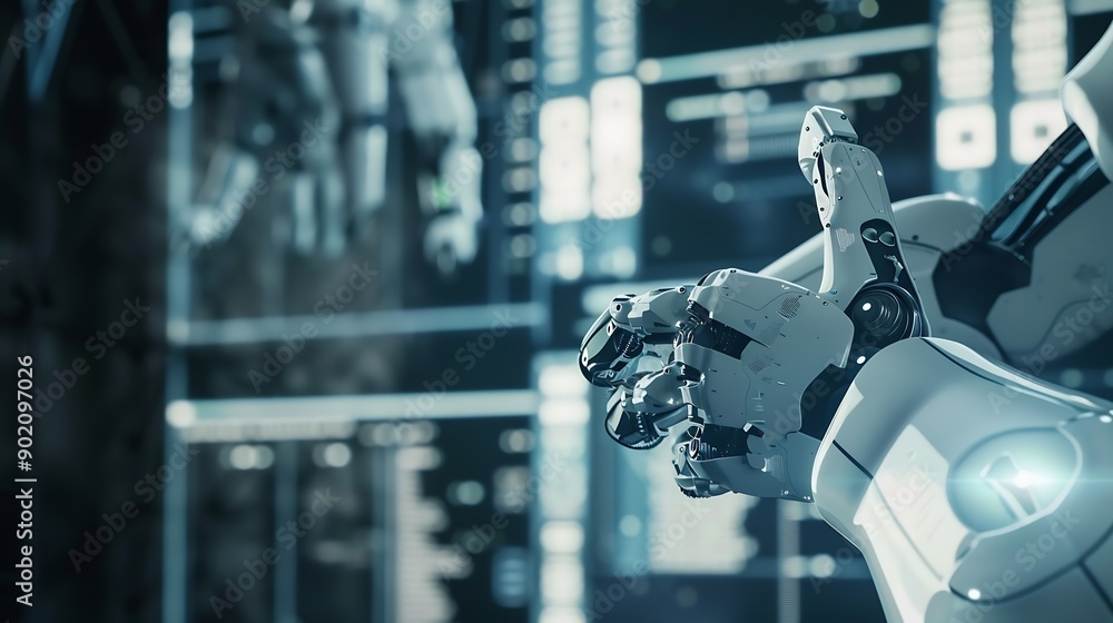 Poster MLP Robot arm AI analyzing mathematics for mechanized industry problem solving Concept of robotics technology and machine learning for automated manufacturing process : Generative AI