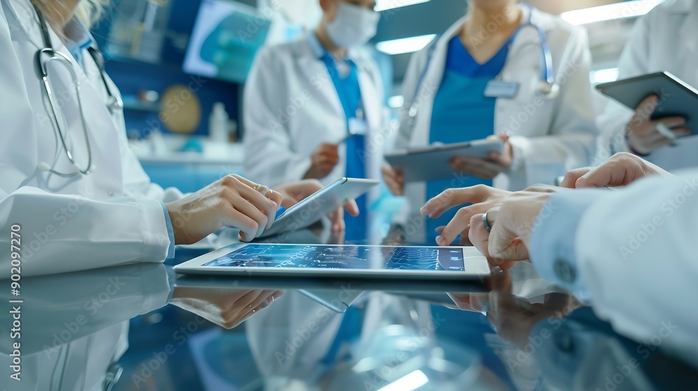 Poster doctors group and meeting on tablet for medical planning advice and support in teamwork or hospital 