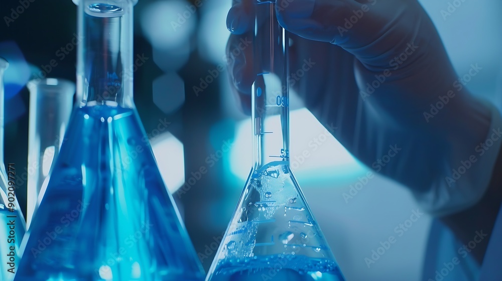 Poster closeup hands dropping fluid from dropper flask beaker into blue test tube sample laboratory for com