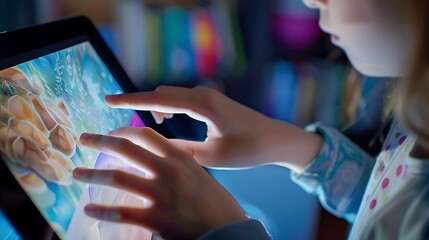 Engaging with Diverse ELearning Opportunities on Tablet An individual taps into a variety of elearning options on a tablet highlighting the diverse educational content available digita : Generative AI