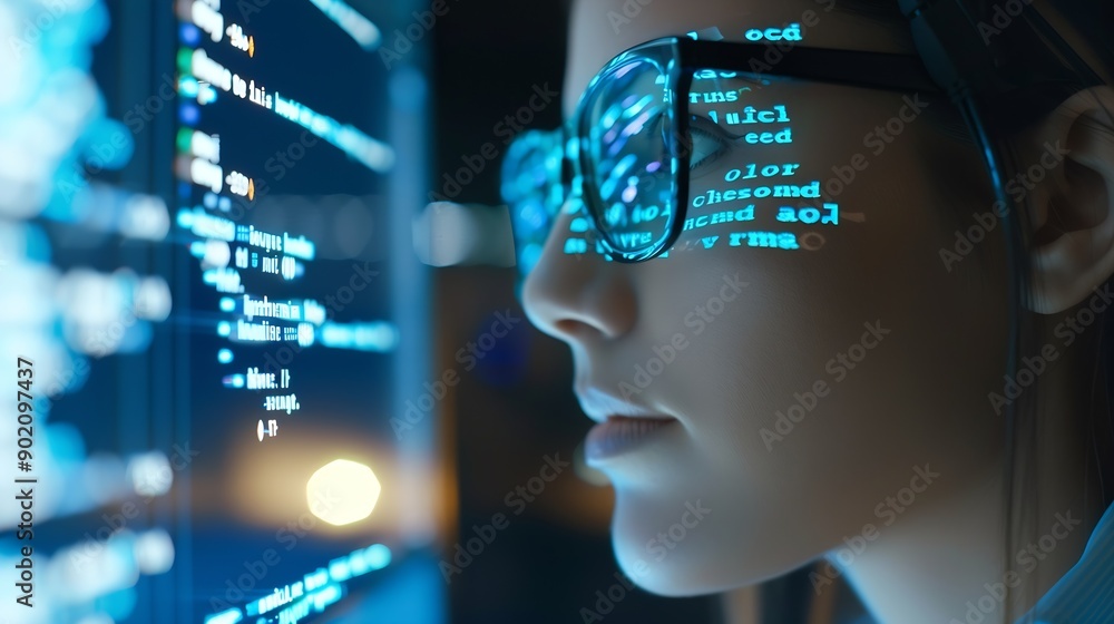 Leinwandbilder Software coding hologram and woman in data analytics information technology and gdpr overlay Programmer or IT person in glasses reading script programming and cybersecurity research on : Generative AI