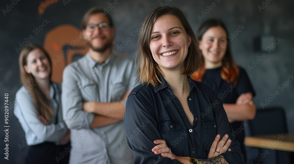 Poster arms crossed smile and portrait of employee group and creativity of writer female leader and startup