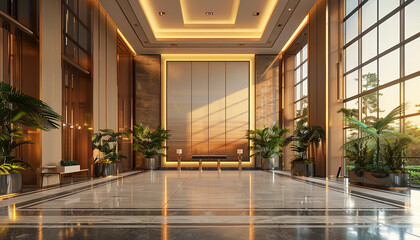 Obraz premium Sleek luxury hotel lobby with warm lighting
