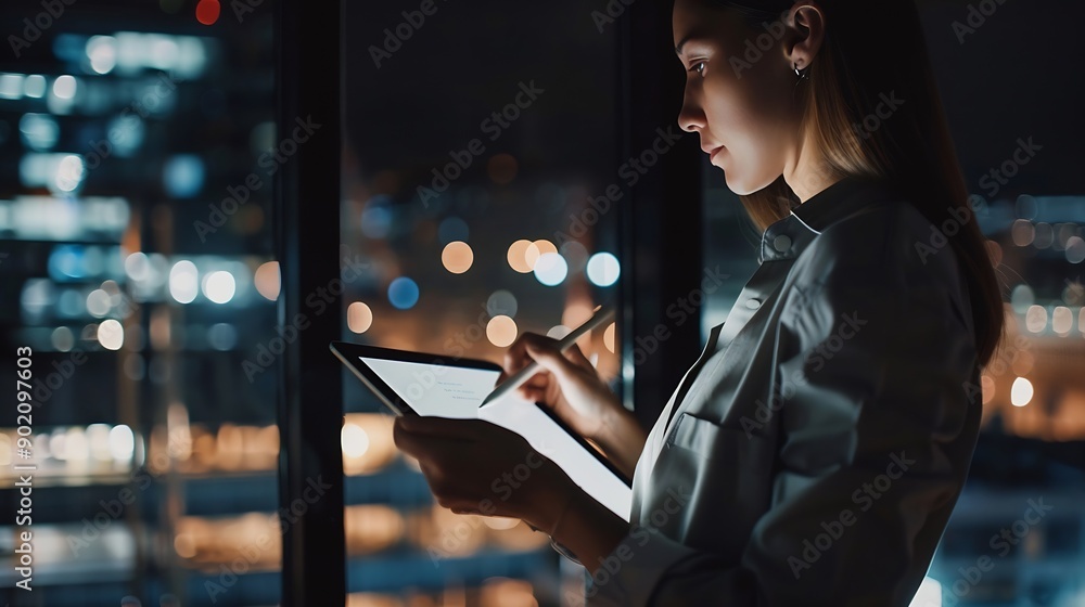 Aufkleber business woman tablet and typing in office for corporate communication internet research and network