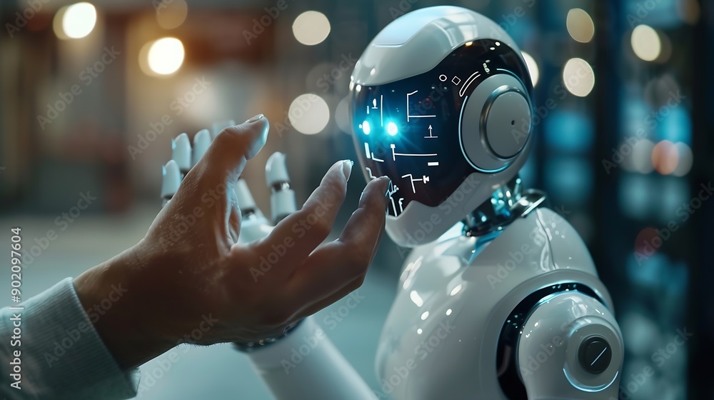 Aufkleber Chat with AI or Artificial Intelligence technology Man touching chatting virtual with an intelligent artificial intelligence asks for answers he wants Smart assistant futuristic Chatbo : Generative AI